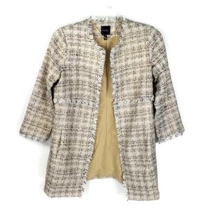 Rafaella Champagne Metallic Tweed Open Front Fringed Long Sleeve Coat Womens M